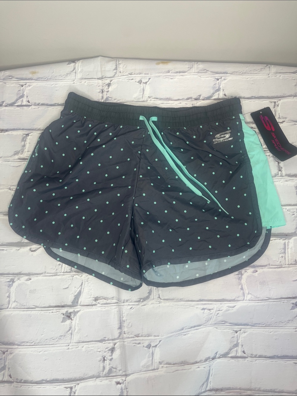 Skechers Black Athletic Shorts with Mint Polka Dots